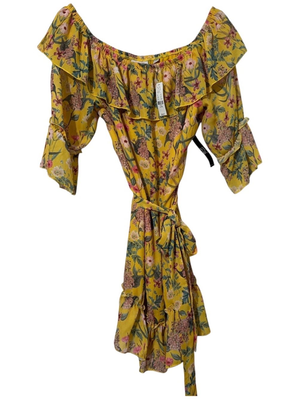 NWT NY&Co Sweet Pea Floral Dress Size L Wide Neck Ruffle Belt Spring Orig $89
